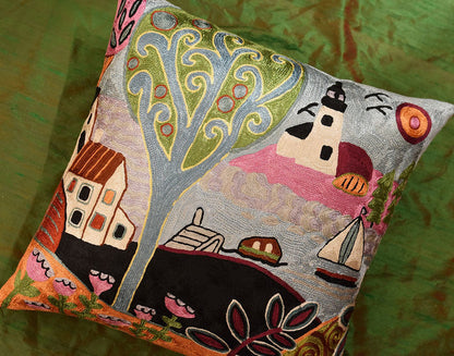 Summer Day Karla Gerard Accent Pillow Cover Handembroidered Art Silk 18"x18" - KashmirDesigns