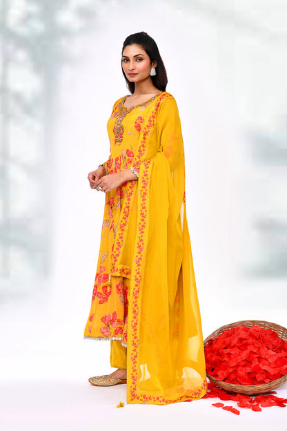 Sunrise Yellow Cotton Silk Floral Kurta Set