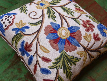 Suzani Pillow Cover Ivory Dahlia Decorative Floral Hand embroidered Wool 18x18" - KashmirDesigns