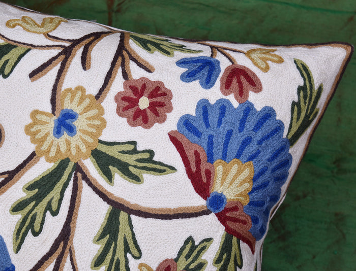 Suzani Pillow Cover Ivory Dahlia Decorative Floral Hand embroidered Wool 18x18" - KashmirDesigns