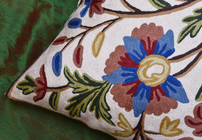 Suzani Pillow Cover Ivory Dahlia Decorative Floral Hand embroidered Wool 18x18" - KashmirDesigns