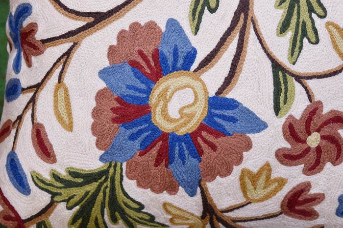 Suzani Pillow Cover Ivory Dahlia Decorative Floral Hand embroidered Wool 18x18" - KashmirDesigns