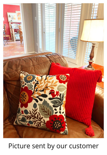 Suzani Red Bird Floral Bloom Decorative Pillow Cover Handembroidered Wool 18x18