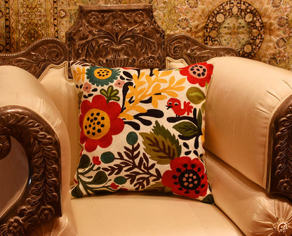 Suzani Red Bird Floral Bloom Decorative Pillow Cover Handembroidered Wool 18x18" - KashmirDesigns