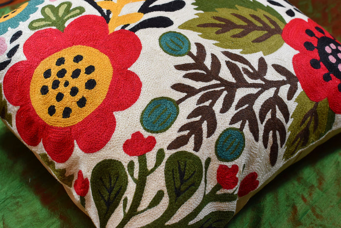 Suzani Red Bird Floral Bloom Decorative Pillow Cover Handembroidered Wool 18x18" - KashmirDesigns