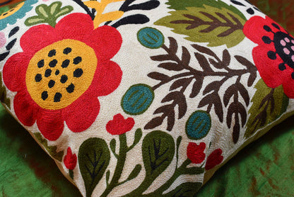 Suzani Red Bird Floral Bloom Decorative Pillow Cover Handembroidered Wool 18x18" - KashmirDesigns