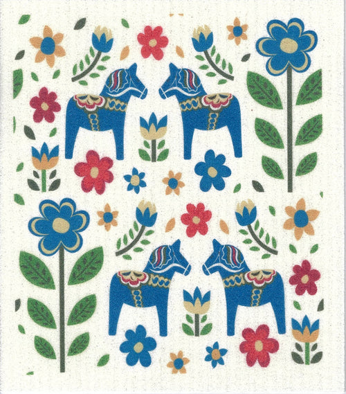 Swedish Dishcloth - Blue Dala Horses & Flowers