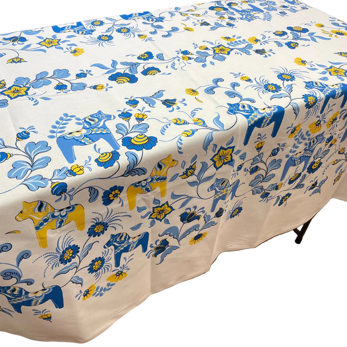 Swedish Tablecloth 58" x 58" - White w/ Blue & Yellow Dala horses & kurbits