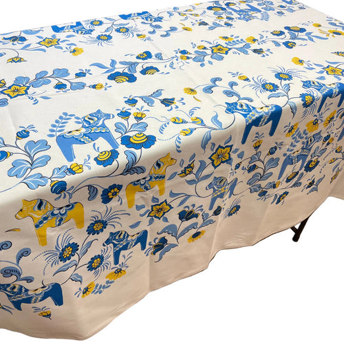 Swedish Tablecloth 58" x 58" - White w/ Blue & Yellow Dala horses & kurbits