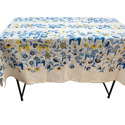Swedish Tablecloth 58" x 58" - White w/ Blue & Yellow Dala horses & kurbits