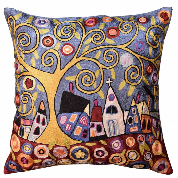 Swirl Tree Village  Karla Gerard Pillow Cover Handembroidered Art Silk 18"x18" - KashmirDesigns