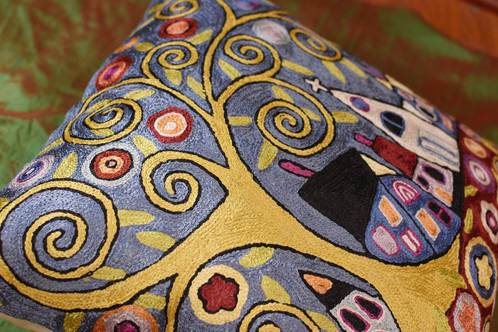 Swirl Tree Village  Karla Gerard Pillow Cover Handembroidered Art Silk 18"x18" - KashmirDesigns