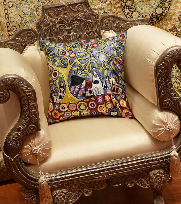 Swirl Tree Village  Karla Gerard Pillow Cover Handembroidered Art Silk 18"x18" - KashmirDesigns