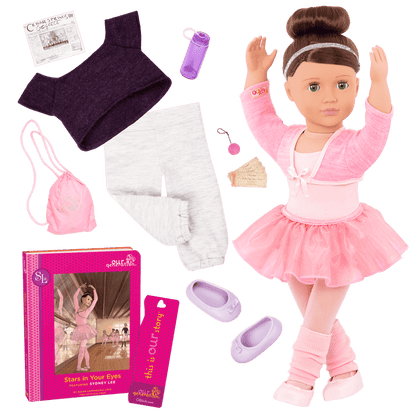 18-inch doll with brown hair, green eyes, ballerina accessories and storybook