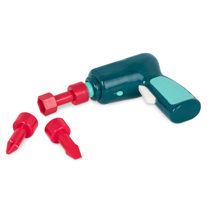 A toy roadster with a toy drill and 3 drill bits.
