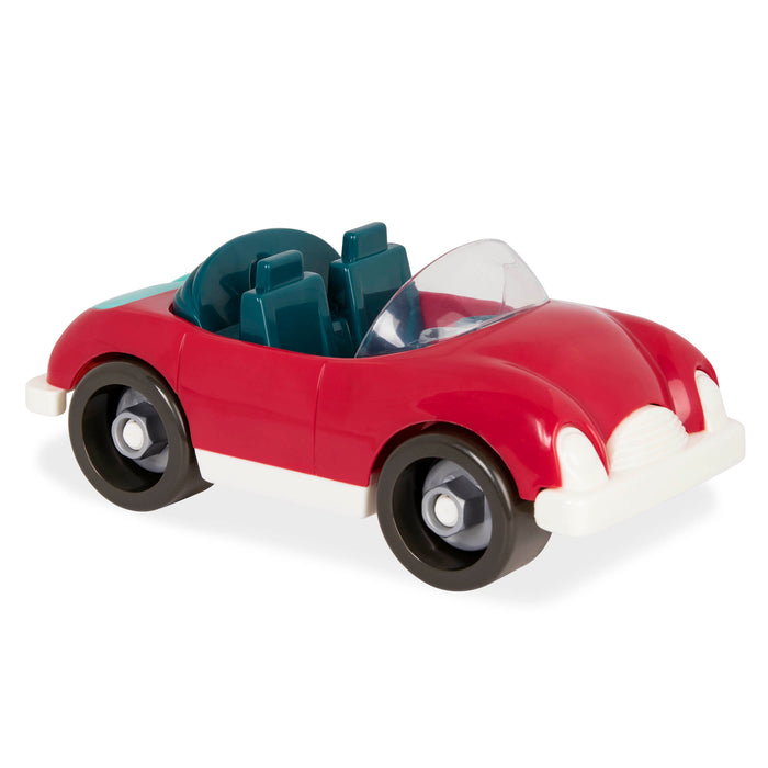 A toy roadster with a toy drill and 3 drill bits.