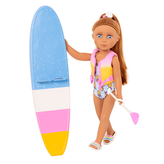 14-inch posable doll with light brown hair and blue eyes holding paddleboard