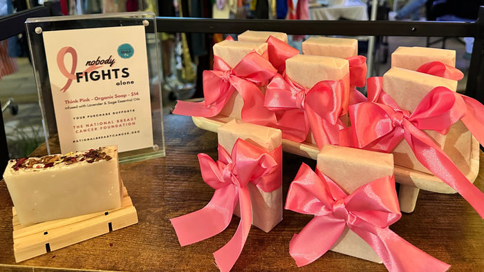 Think Pink Organic Soap wrapped in big pink bow on shelf