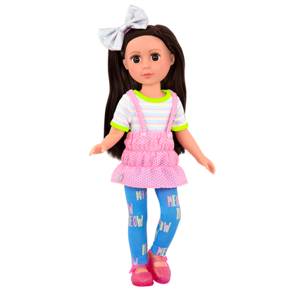 14-inch posable doll with brown hair and brown eyes