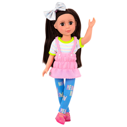 14-inch posable doll with brown hair and brown eyes
