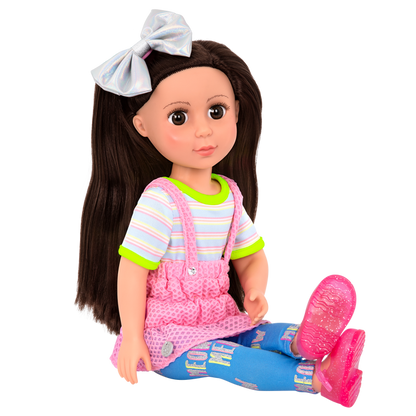 14-inch posable doll with brown hair and brown eyes