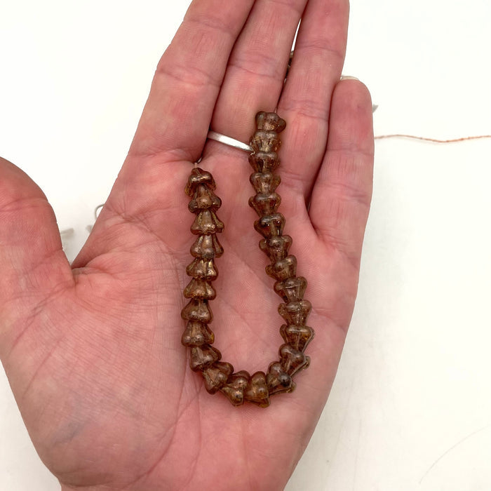 Translucent Picasso Chestnut Brown Czech Glass Flower Bead Cap Beads (8x10mm) (BRCG79)