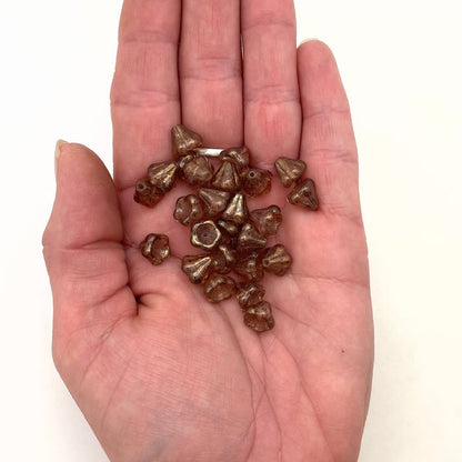 Translucent Picasso Chestnut Brown Czech Glass Flower Bead Cap Beads (8x10mm) (BRCG79)