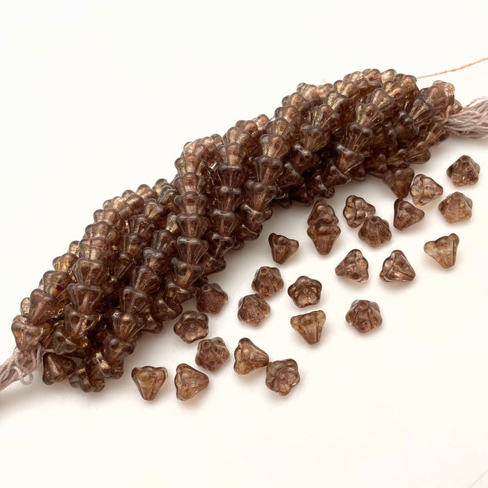 Translucent Picasso Chestnut Brown Czech Glass Flower Bead Cap Beads (8x10mm) (BRCG79)