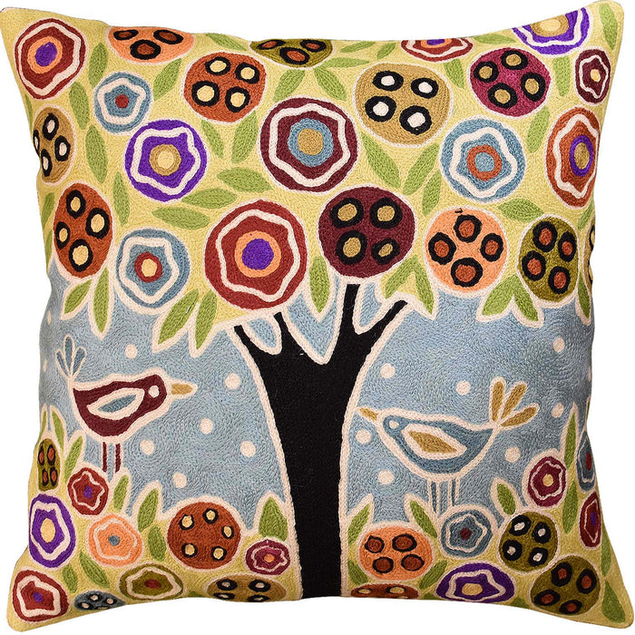 Tree & 2 Birds in Bloom Karla Gerard Pillow Cover Handembroidered Wool 18"x18" - KashmirDesigns