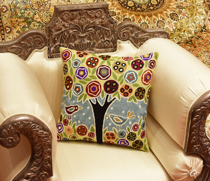 Tree & 2 Birds in Bloom Karla Gerard Pillow Cover Handembroidered Wool 18"x18" - KashmirDesigns