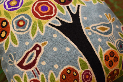 Tree & 2 Birds in Bloom Karla Gerard Pillow Cover Handembroidered Wool 18"x18" - KashmirDesigns