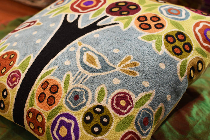 Tree & 2 Birds in Bloom Karla Gerard Pillow Cover Handembroidered Wool 18"x18" - KashmirDesigns