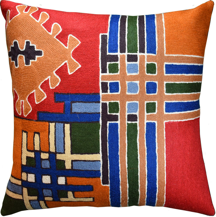 Tribal Burdock Aztec Southwestern Throw Pillow Cover Handembroidered Wool 18x18" - KashmirDesigns