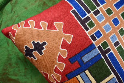 Tribal Burdock Aztec Southwestern Throw Pillow Cover Handembroidered Wool 18x18" - KashmirDesigns