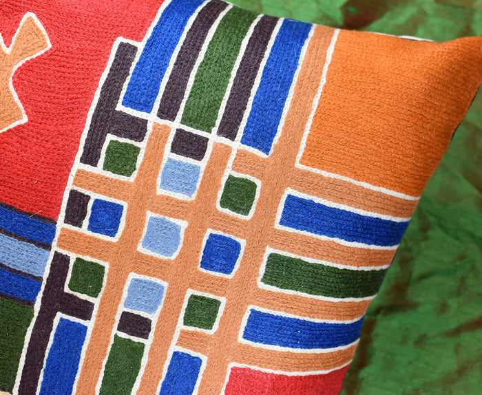 Tribal Burdock Aztec Southwestern Throw Pillow Cover Handembroidered Wool 18x18" - KashmirDesigns