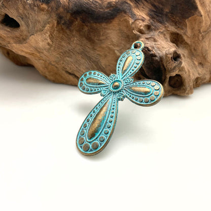 Turquoise Blue/Bronze Color Southwestern Style Base Metal Cross (MC34)