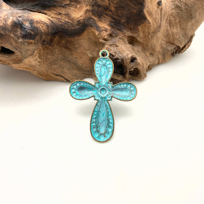 Turquoise Blue/Bronze Color Southwestern Style Base Metal Cross (MC34)