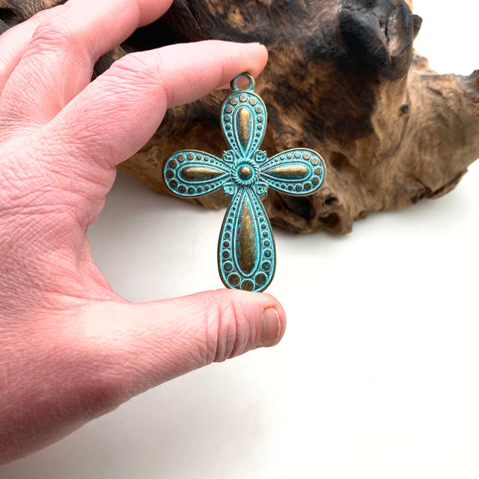Turquoise Blue/Bronze Color Southwestern Style Base Metal Cross (MC34)