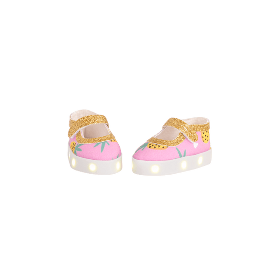 Pink and gold pineapple-printed light up shoes for 14-inch doll