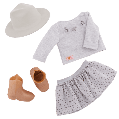 Our Generation 18" Doll Victoria in Cowgirl Outfit including sweater, skirt, boots and hat