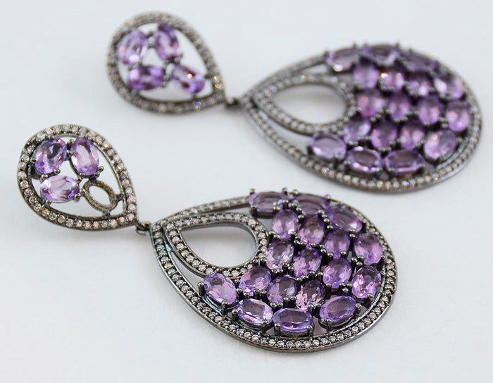Violet Amethyst Silver Earrings Purple Pear Shaped Dangle Design Handcrafted - KashmirDesigns