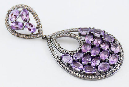 Violet Amethyst Silver Earrings Purple Pear Shaped Dangle Design Handcrafted - KashmirDesigns