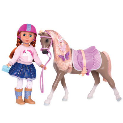 Light brown and peach horse with saddle and accessories