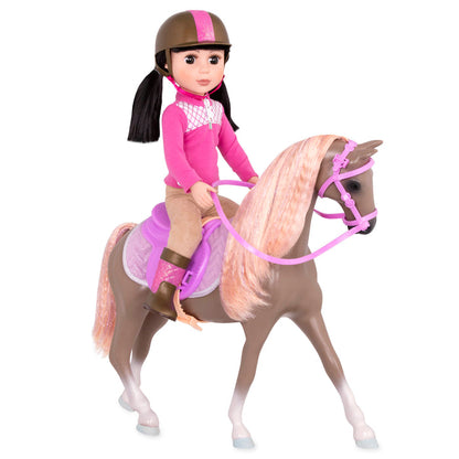 Light brown and peach horse with saddle and accessories
