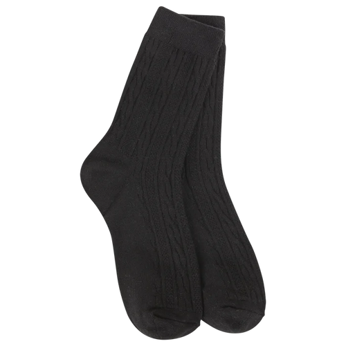 Women's black cable knit mini crew socks featuring an ultra-soft lightweight design for everyday comfort and casual style.