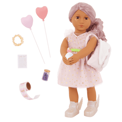 Our Generation 18-inch Doll Wishes with accessories including pretend balloons, stickers, a wish list, sparkles and a back pack