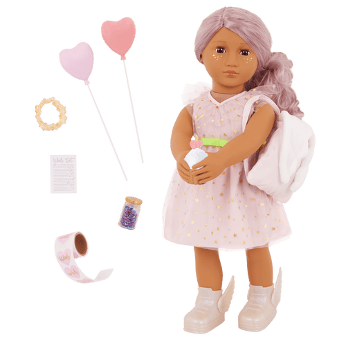 Our Generation 18-inch Doll Wishes with accessories including pretend balloons, stickers, a wish list, sparkles and a back pack