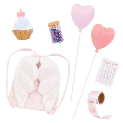 Our Generation 18-inch Doll Wishes with accessories including pretend balloons, stickers, a wish list, sparkles and a back pack