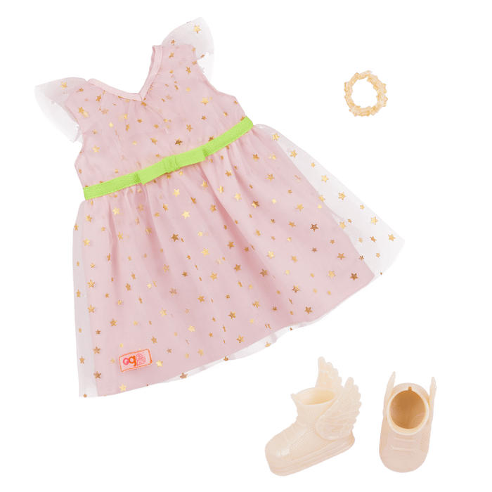 Our Generation 18-inch Doll Wishes with accessories including pretend balloons, stickers, a wish list, sparkles and a back pack