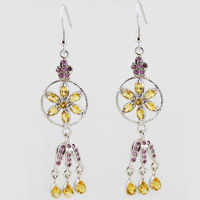 Yellow Earrings Honey Citrine 925 Sterling Silver Daisy Dangle Earring - Kashmir Designs